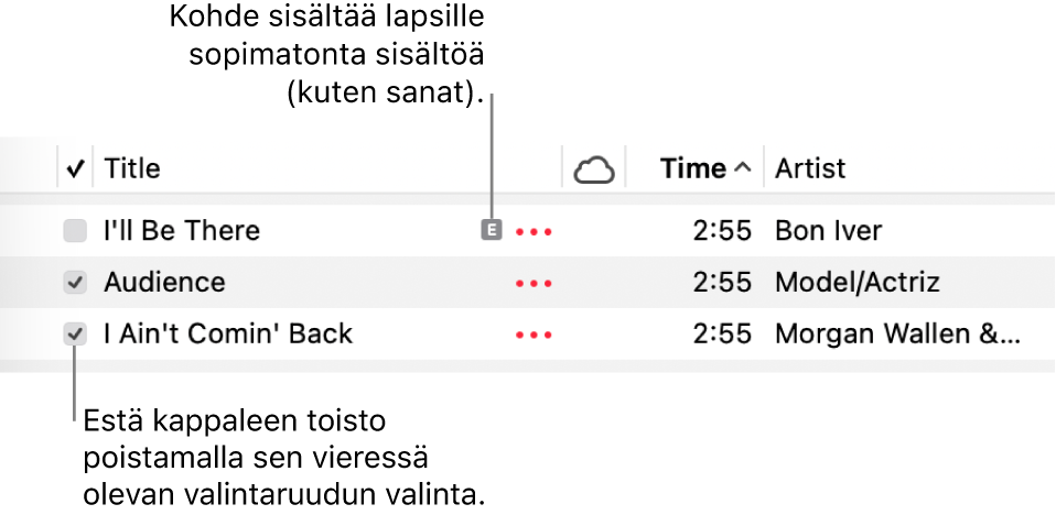 Yksityiskohta Musiikki-apin kappaleluettelosta, jossa näkyvät valintaneliöt, ja ensimmäisen kappaleen kohdalla lapsille sopimattoman sisällön kuvake (joka kertoo, että siinä on lapsille sopimatonta sisältöä esimerkiksi sanoissa). Estä kappaleen toisto poistamalla valinta sen vieressä olevasta valintaneliöstä.