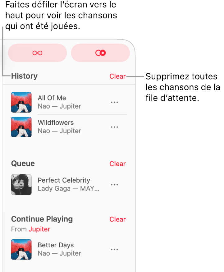 La liste d’écoute est visible dans le coin supérieur droit de la fenêtre d’Apple Music. Les sections Historique, Liste d’écoute et Continuer la lecture s’affichent.