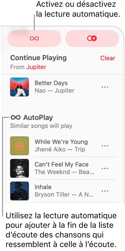 La liste d’écoute est visible dans le coin supérieur droit de la fenêtre d’Apple Music. Les sections Continuer la lecture et Lecture automatique s’affichent.