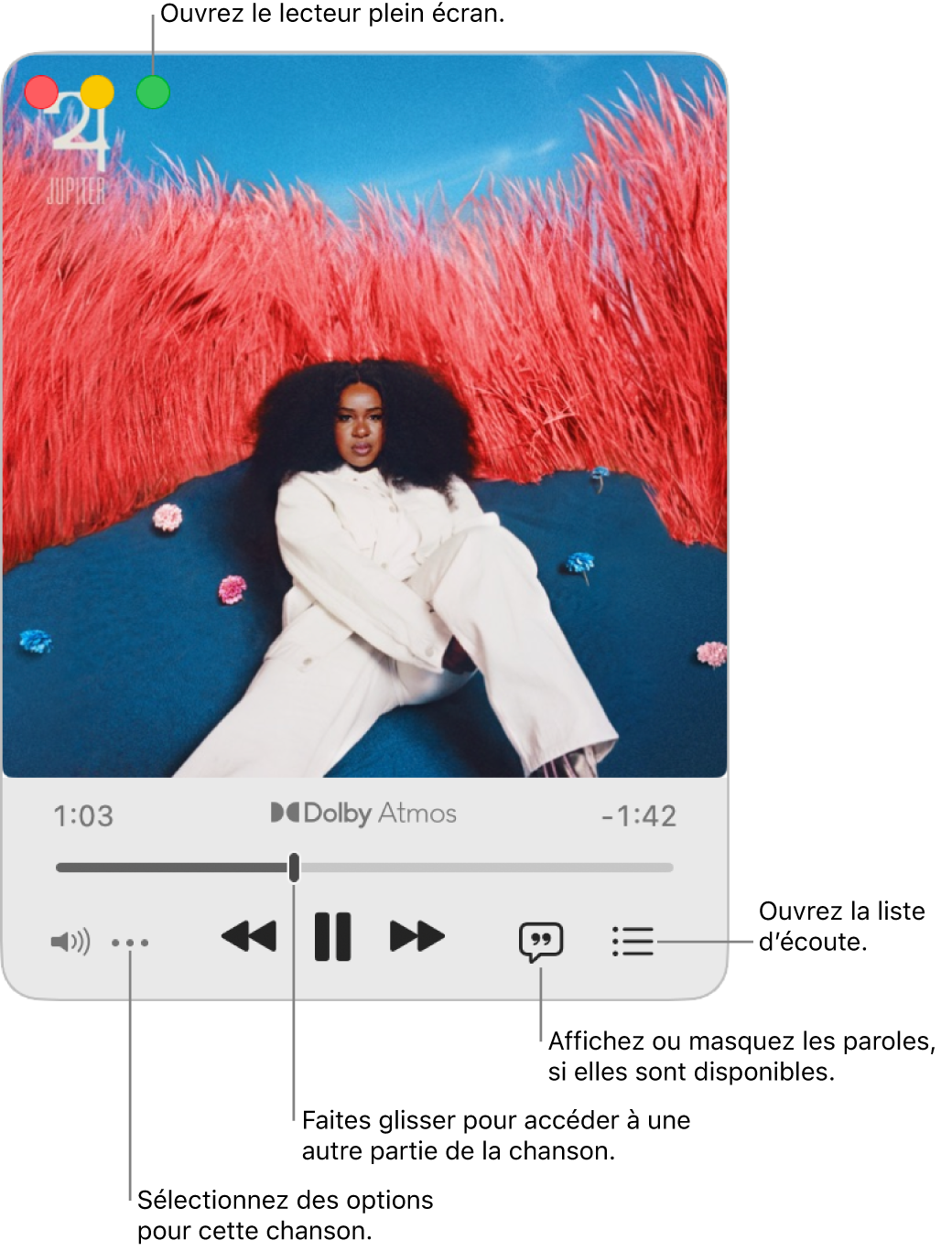 Mini-lecteur agrandi présentant les commandes de la chanson à l’écoute. Dans le coin supérieur gauche se trouve la fenêtre des commandes, utilisée pour ouvrir et fermer le lecteur plein écran. La partie principale de la fenêtre affiche la pochette de l’album pour la chanson en cours de lecture. Sous l’illustration se trouvent un curseur pour passer à une autre partie de la chanson et des boutons pour régler le volume, afficher les paroles et ouvrir la liste d’écoute.