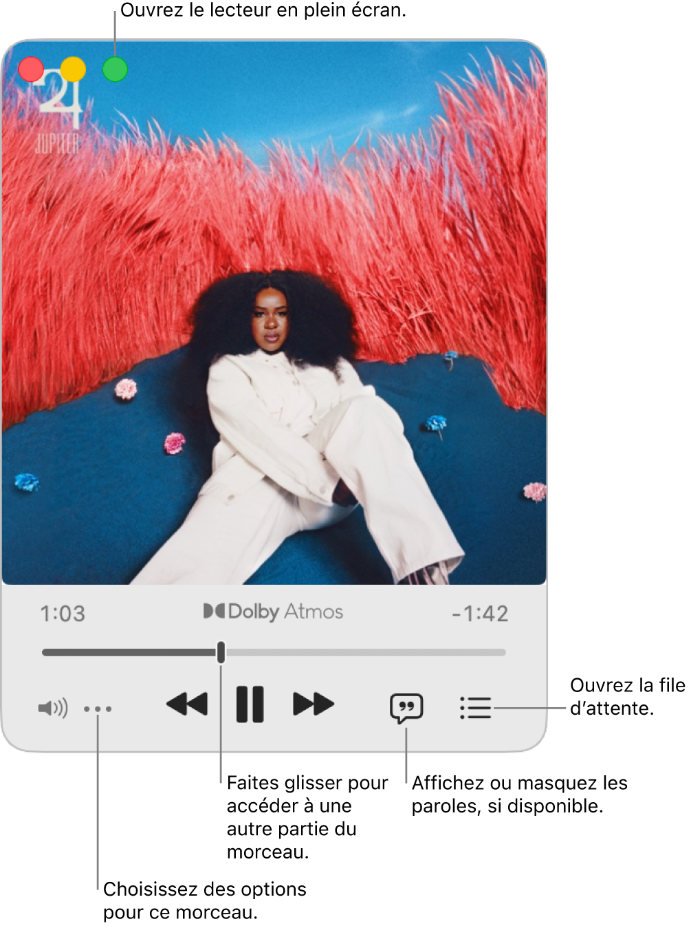 Mini-lecteur agrandi présentant les commandes du morceau à l’écoute. Les commandes de la fenêtre se trouvent en haut à gauche. Elles servent à ouvrir et à fermer le lecteur en plein écran. La partie principale de la fenêtre affiche l’illustration de l’album à l’écoute. Sous l’illustration se trouvent un curseur permettant d’accéder à une autre partie du morceau ainsi que des boutons pour régler le volume, afficher les paroles et ouvrir la file d’attente.