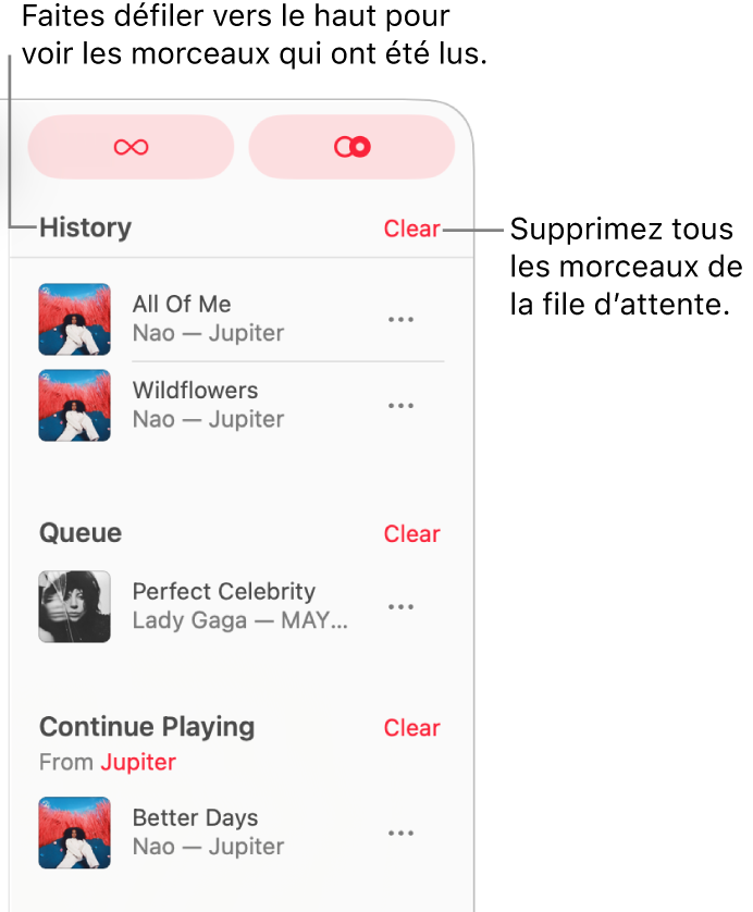 La file d’attente se trouve dans le coin supérieur droit d’Apple Music. Les sections Historique, « File d’attente » et « Poursuivre la lecture » s’affichent.