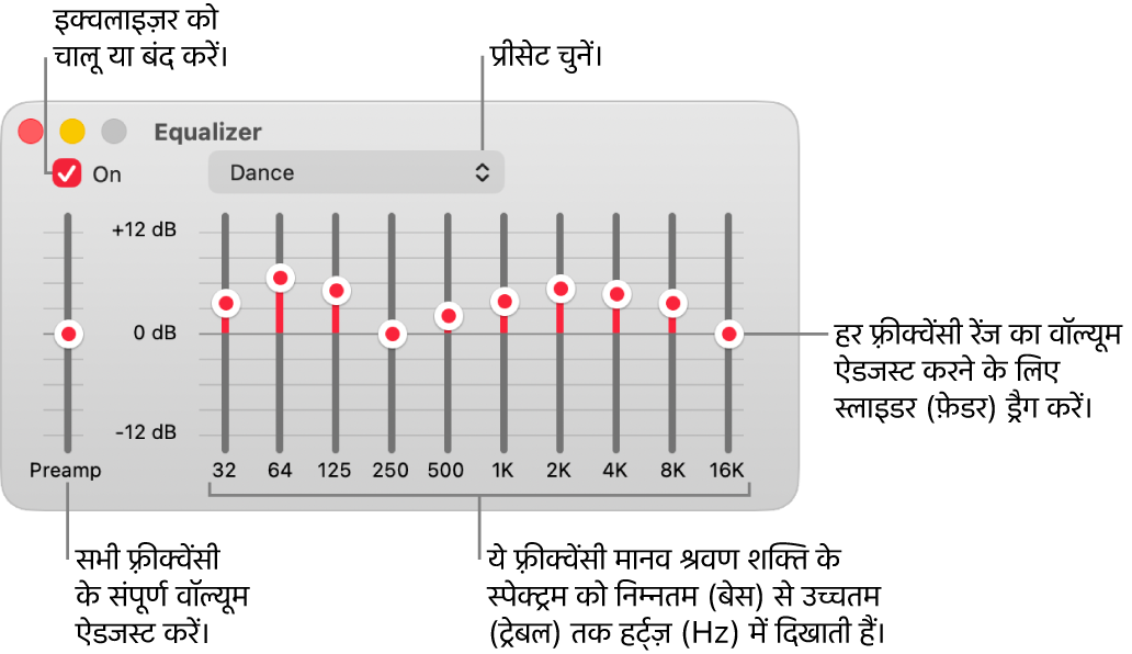 इक्वलाइजर विंडो: iTunes इक्वलाइजर को चालू करने के लिए चेकबॉक्स ऊपरी-बाएँ कोने पर है। इसके सामने इक्वलाइजर प्रीसेट वाला पॉप-अप मेनू है। अधिक बाईं ओर, प्रीऐम्प के साथ फ़्रीक्वेंसी के समग्र वॉल्यूम को समायोजित करें। इक्वलाइजर प्रीसेट के नीचे, विभिन्न फ़्रीक्वेंसी रेंज के साउंड लेवल को समायोजित करें, जो निम्नतम से उच्चतम मानव श्रवण स्पेक्ट्रम को निरूपित करते हैं।