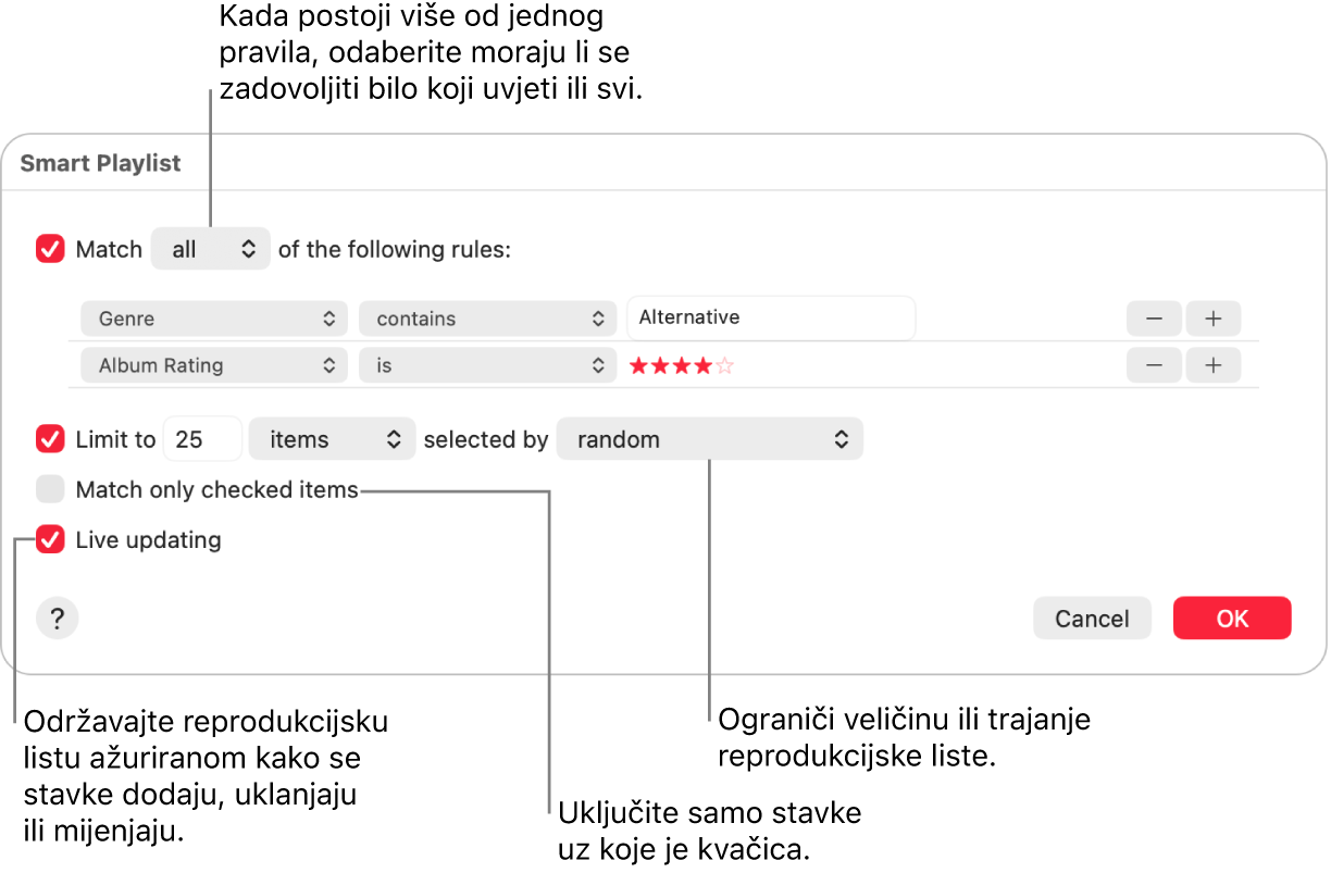 Dijaloški okvir Smart reprodukcijske liste: U gornjem lijevom kutu odaberite Uskladi, zatim odredite kriterije za reprodukcijsku listu (kao što su žanr ili ocjena). Nastavite dodavati ili uklanjati pravila klikom tipke Dodaj ili Ukloni u gornjem desnom kutu. Odaberite različite opcije u donjem dijelu dijaloškog okvira poput ograničavanja veličine ili trajanja popisa za reprodukciju, uključujući samo pjesme koje su označene ili da Glazba ažurira popis za reprodukciju u skladu s promjenom stavki u vašoj medijateci.