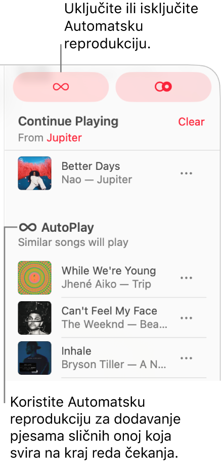 Red čekanja vidljiv je u gornjem desnom kutu aplikacije Apple Music. Pojavljuju se odjeljci Nastavi reproducirati i Automatska reprodukcija.