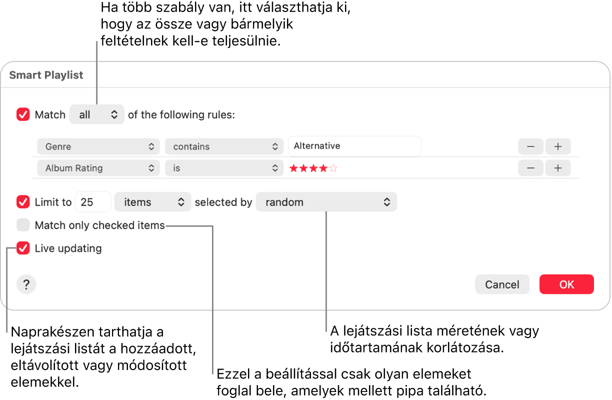 Az Intelligens lejátszási lista párbeszédablak: Válassza ki a bal felső sarokban az Egyezés lehetőséget, majd adja meg a lejátszási lista feltételeit (például a műfajt vagy az értékelést). A jobb felső sarokban lévő Hozzáadás és Eltávolítás gombbal folytathatja a szabályok hozzáadását, illetve eltávolítását. A párbeszédablak alsó részében különféle lehetőségeket választhat ki – például korlátozhatja a lejátszási lista méretét vagy időtartamát, megadhatja csak ellenőrzött zeneszámok szerepeltetését, illetve frissíttetheti a Zene appal a lejátszási listát, ha a könyvtárban lévő elemek megváltoznak.