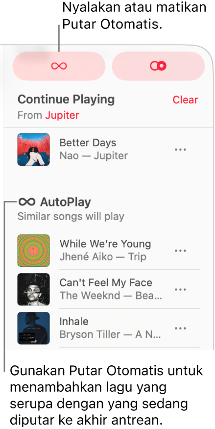 Antrean terlihat di pojok kanan atas Apple Music. Bagian Lanjutkan Memutar dan Putar Otomatis muncul.