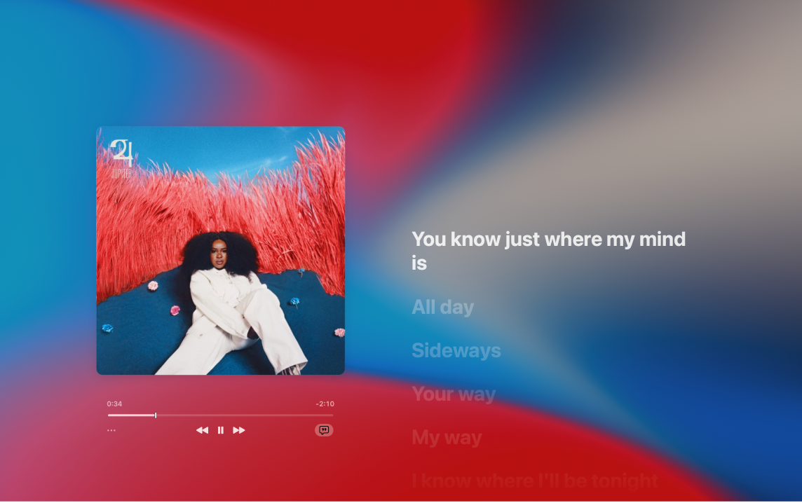 Pemutar Layar Penuh dengan lagu diputar dan lirik di sebelah kanan, yang muncul pada layar sesuai dengan musik.