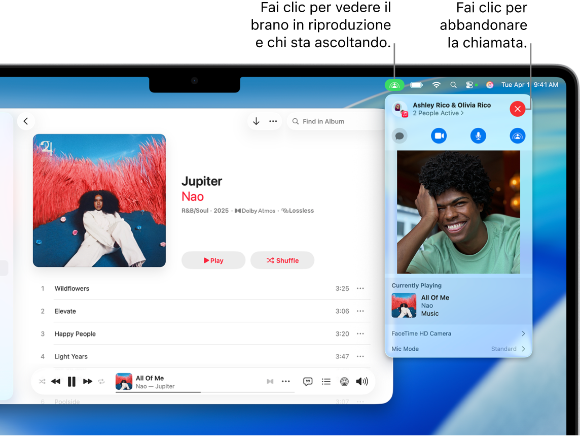 La finestra di Apple Music con una canzone in riproduzione mentre SharePlay è in uso. La finestra di riproduzione mostra quante persone stanno ascoltando musica insieme. A destra, viene fatto clic sull’icona SharePlay ed è possibile visualizzare chi sta ascoltando e il brano in riproduzione. Sulla destra, puoi fare clic sul pulsante Chiudi.