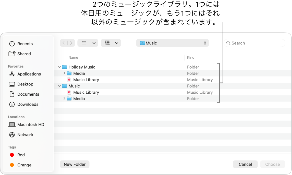複数のライブラリが表示されているFinderウインドウ。1つは休日用のミュージック、もう1つはその他のミュージックのライブラリです。