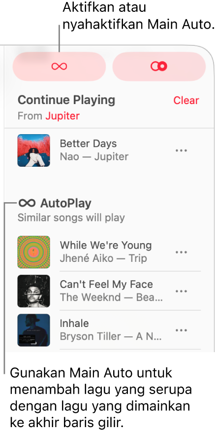 Baris gilir kelihatan di penjuru kanan atas Apple Music. Bahagian Teruskan Main dan Automain kelihatan.
