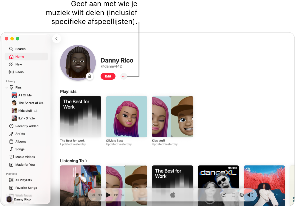 De profielpagina in Apple Music: Klik boven in het venster op de knop 'Meer' (rechts van de knop 'Wijzig') om je muziek te delen.