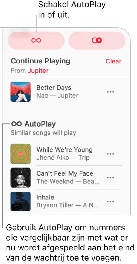 In de rechterbovenhoek van Apple Music is de wachtrij zichtbaar. De gedeelten 'Speel verder' en 'AutoPlay' worden weergegeven.