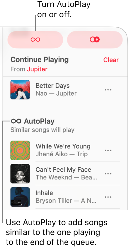 Køen er synlig øverst til høyre i Apple Music. Fortsett å spille og Autoavspilling-delene vises.