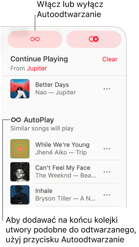 Kolejka jest widoczna w prawym górnym rogu okna Apple Music. Pojawią się sekcje Odtwarzaj ciągle i Autoodtwarzanie.