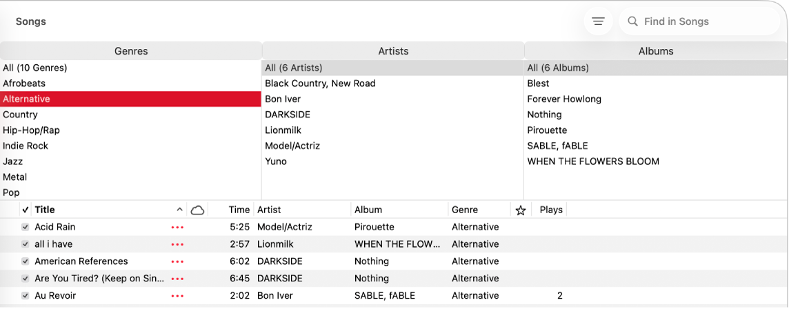 A janela do Apple Music mostrando o navegador por colunas acima da lista de músicas.