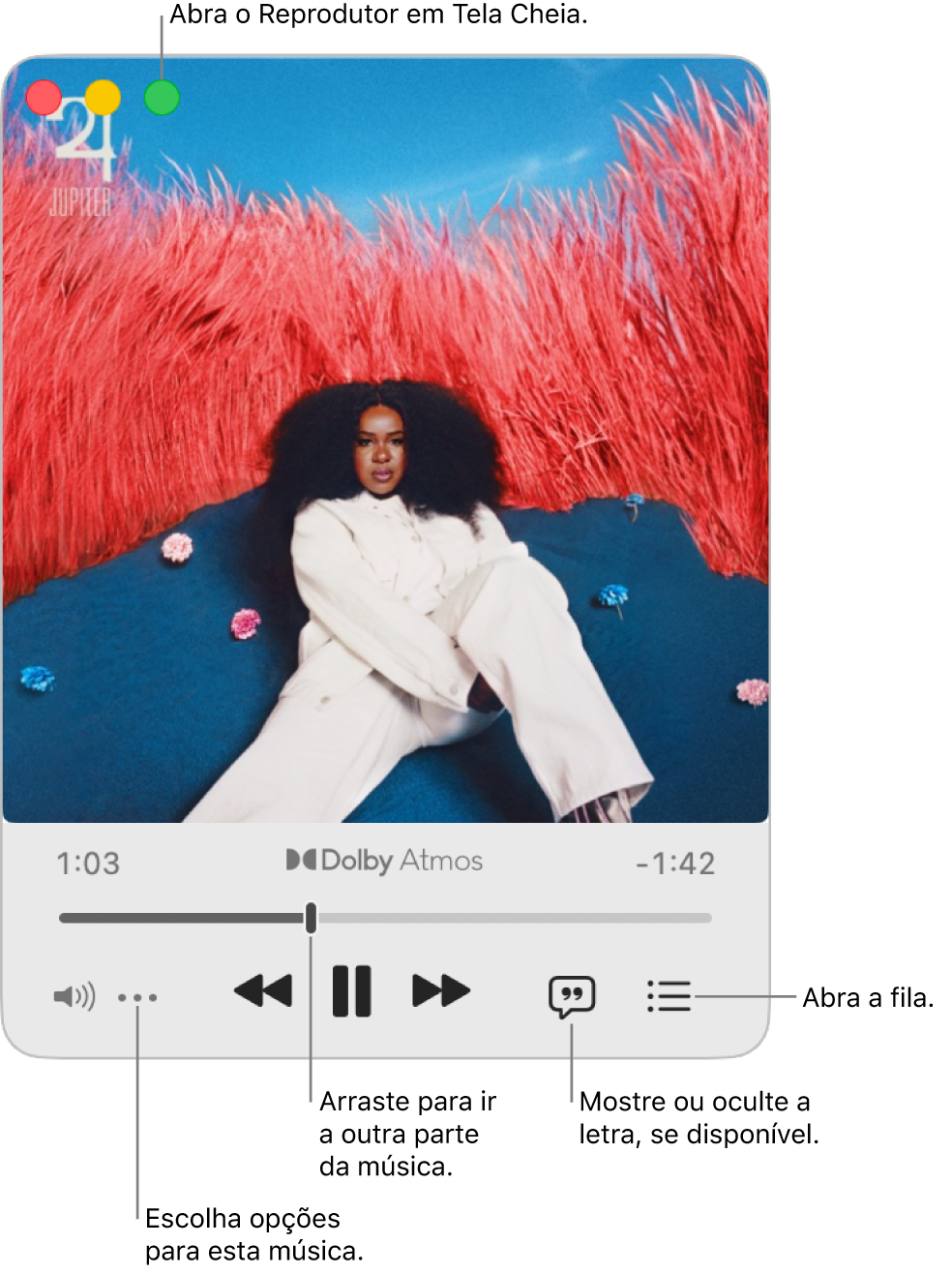 Minirreprodutor expandido exibindo os controles da música em reprodução. No canto superior esquerdo estão os controles da janela usados para abrir e fechar o Reprodutor em Tela Cheia. A parte principal da janela mostra a capa do álbum da música em reprodução. Abaixo da capa está um controle deslizante para ir para uma parte diferente da música e os botões para ajustar o volume, mostrar a letra e abrir a fila.