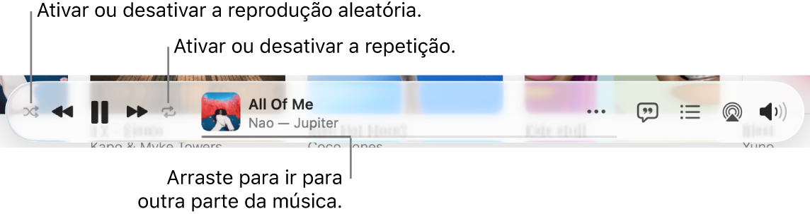 A parte inferior de Apple Music com uma música a ser reproduzida. Os controlos de reprodução encontram‑se à esquerda. O botão “Aleatório” encontra‑se à esquerda dos controlos de reprodução e o botão “Repetir” está à direita dos controlos. Arraste o cursor de reprodução para ir para uma parte diferente da música.