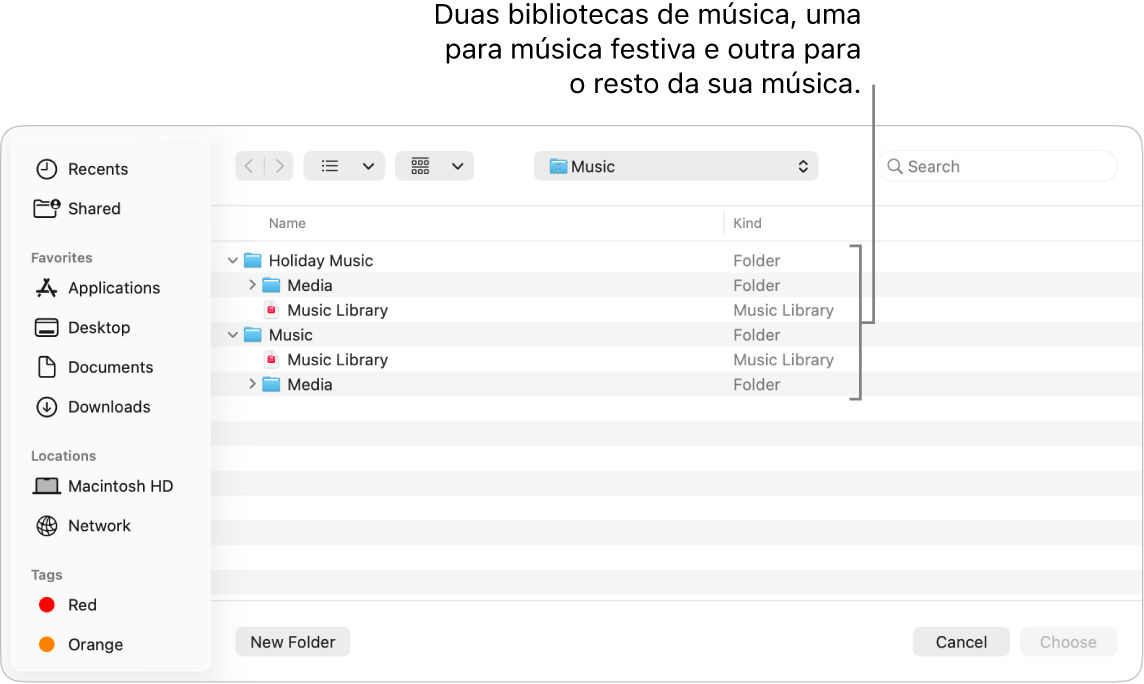 A janela do Finder a mostrar várias bibliotecas, uma para música para férias e outra para as restantes músicas.