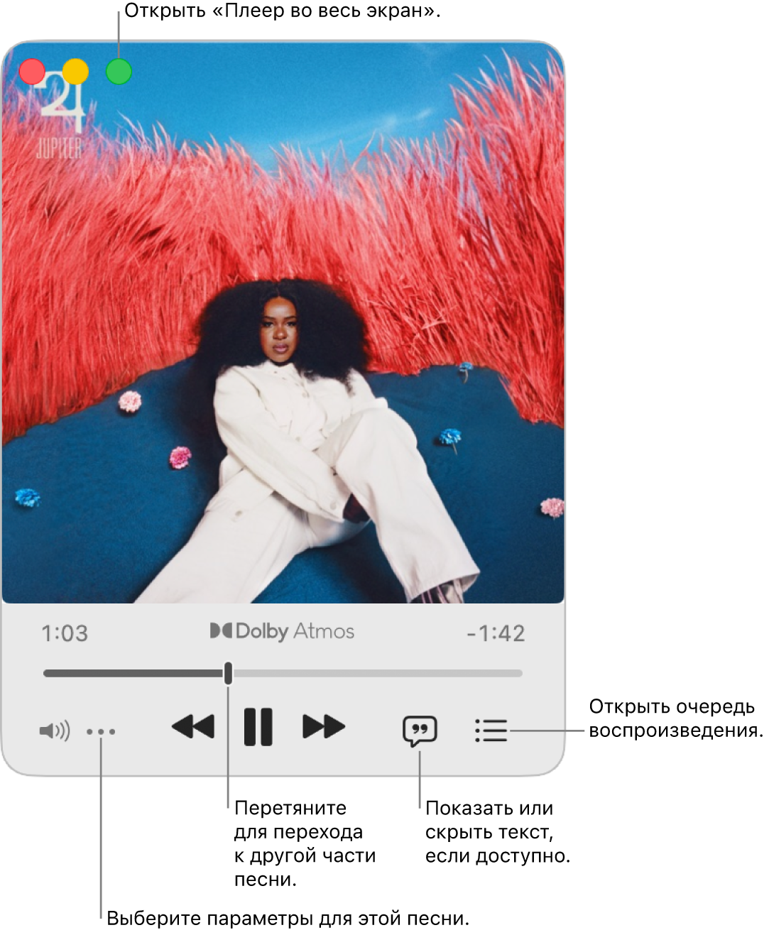 Увеличенное окно мини-плеера с элементами управления песней, которая воспроизводится. В левом верхнем углу находятся элементы управления окном, которые используются для открытия и закрытия плеера на весь экран. В основной части окна показана обложка песни. Под обложкой расположен слайдер для перехода к другой части песни и кнопки для регулировки громкости, отображения текста песни и раскрытия очереди воспроизведения.