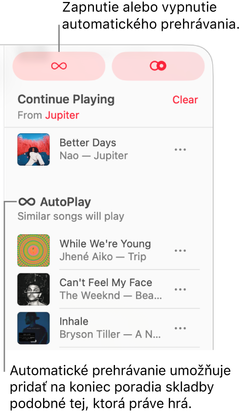 Poradovník je viditeľný v pravom hornom rohu Apple Music. Zobrazia sa sekcie Pokračovať v prehrávaní a Automatické prehrávanie.