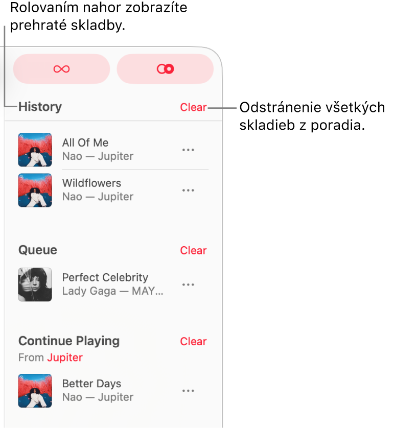 Fronta je viditeľná v pravom hornom rohu Apple Music. Zobrazia sa sekcie História, Poradovník a Pokračovať v prehrávaní.