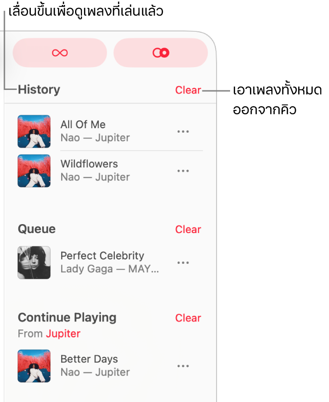 คิวแสดงอยู่ที่มุมขวาบนสุดของแอปเพลง ส่วนประวัติ คิว และเล่นต่อแสดงอยู่