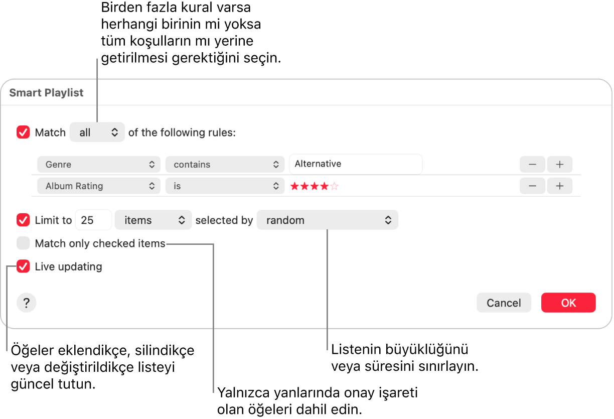 Akıllı Liste sorgu kutusu: Sol üst köşede Match’i seçin ve ardından liste kriterlerini (tür veya beğeni düzeyi gibi) belirleyin. Sağ üst köşedeki Ekle veya Sil düğmesini tıklayarak kural eklemeye veya silmeye devam edin. Sorgu kutusunun alt kısmında listenin boyutunu ve süresini sınırlandırma, yalnızca denetlenen parçaları ekleme veya arşivinizdeki öğeler değiştikçe Müzik’in listeyi güncellemesini sağlama gibi birçok seçenek arasından dilediğinizi belirleyin.