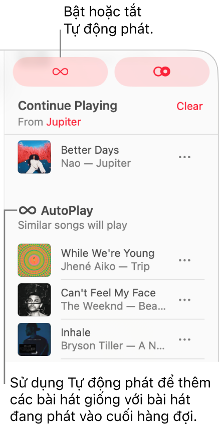 Hàng đợi hiển thị ở góc trên cùng bên phải của Apple Music. Các phần Tiếp tục phát và Tự động phát xuất hiện.