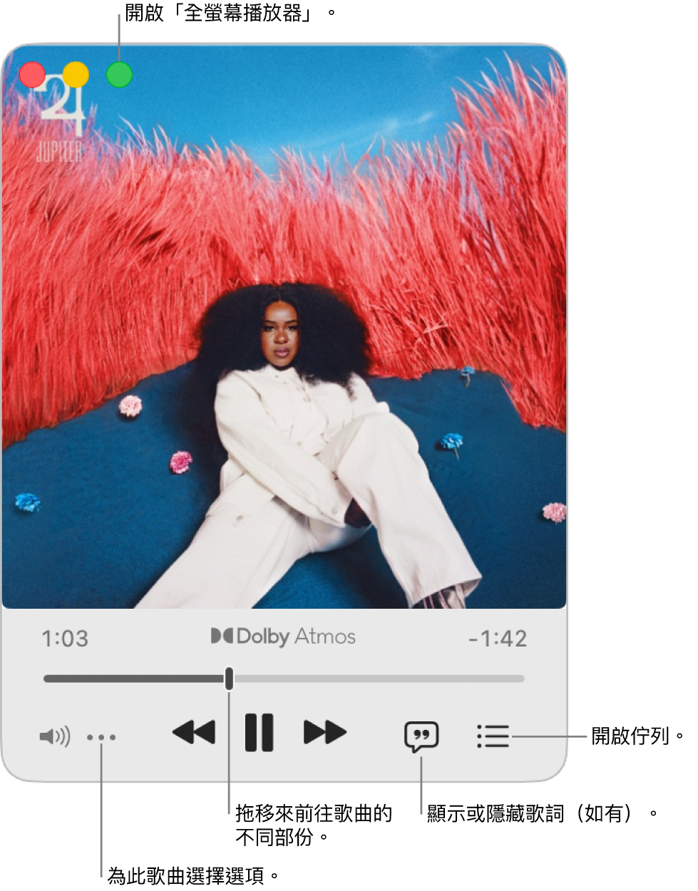 展開的迷你播放器顯示播放中歌曲的控制項目。 左上角是用於開啟和關閉「全螢幕播放器」的視窗控制項目。 視窗的主要部份顯示播放中歌曲的專輯插圖。 插圖下方是用於移至歌曲不同部份的滑桿，以及用於調整音量、顯示歌詞和開啟佇列之按鈕。