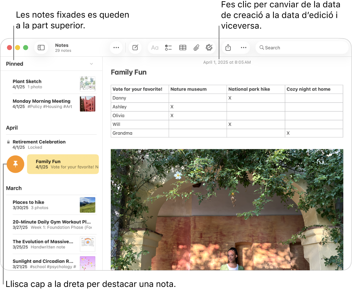 Una finestra de l’app Notes del Mac, amb la llista de notes a l’esquerra, les notes destacades a la part superior de la llista de notes i el botó “Fixa” en una nota. El contingut d’aquesta nota apareix a la dreta, amb la data a la part superior; fes clic a la data per canviar entre la data de creació i la data de modificació.