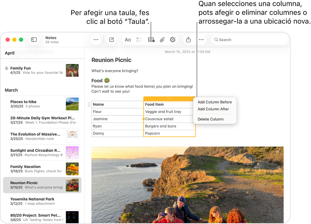 La finestra de l‘app Notes, amb el botó de taula: fes-hi clic per afegir una taula. Dins del contingut de la nota, se selecciona una columna de taula perquè hi puguis afegir o eliminar columnes o arrossegar-la a una altra ubicació.