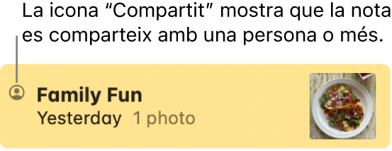 Una nota que s’ha compartit amb altres persones, amb la icona de compartit a l’esquerra del nom de la nota.