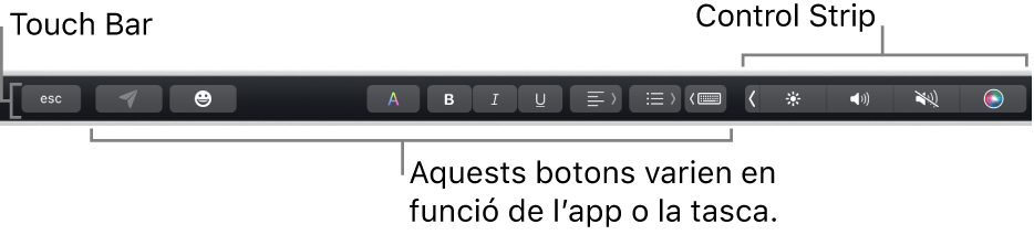 La Touch Bar, situada a la part superior del teclat, que mostra la Control Strip contreta, a la dreta, i botons que varien segons l’app o la tasca.