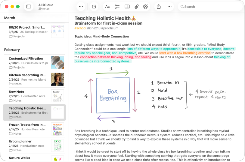Una finestra de l’app Notes del Mac que mostra ressaltats de diferents colors.