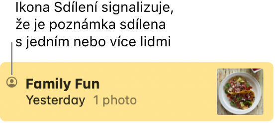 Poznámka sdílená s dalšími uživateli označená ikonou Sdílení před názvem poznámky