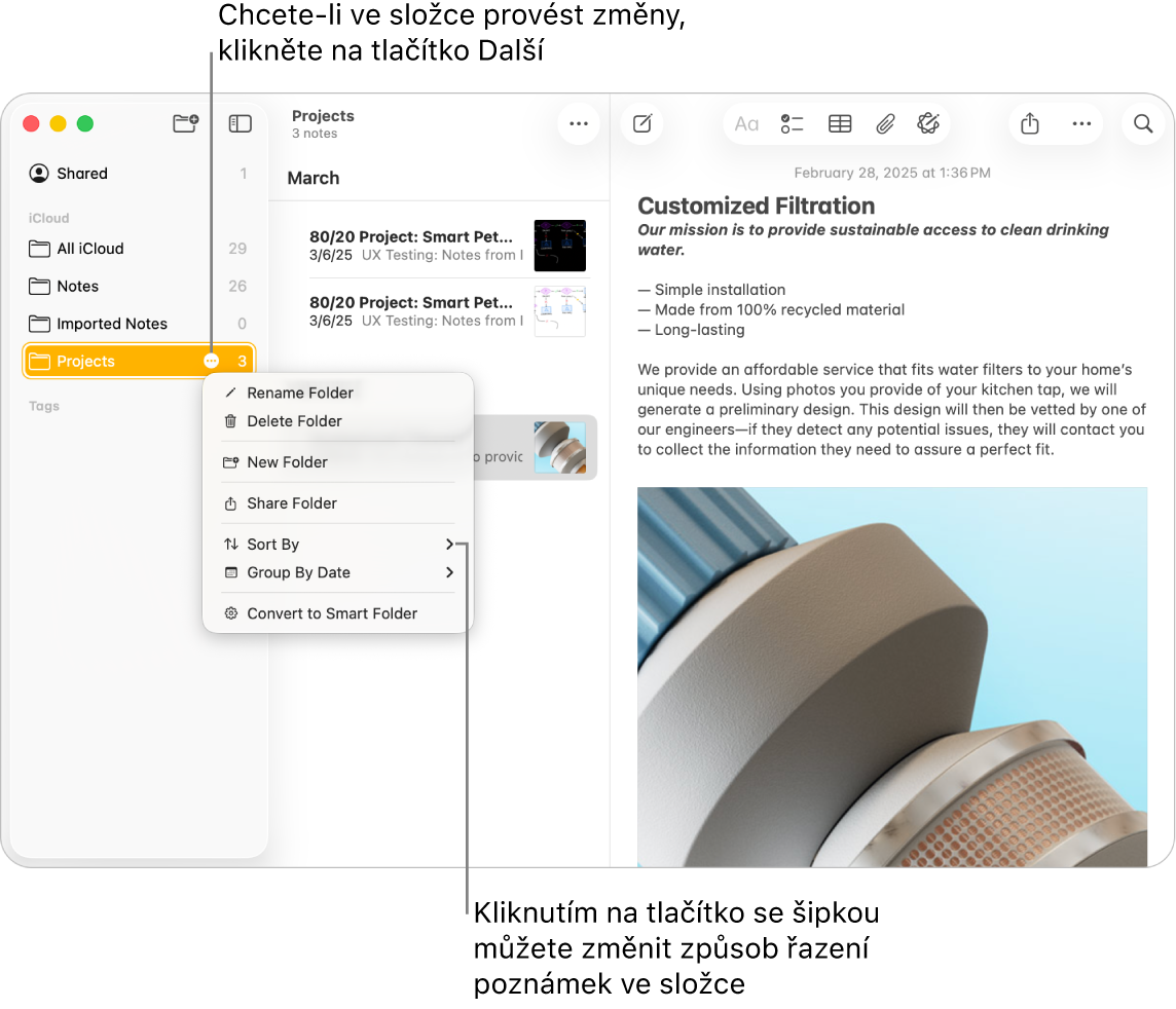Okno aplikace Poznámky na Macu, v němž je na bočním panelu zobrazena jedna složka s tlačítkem Další, pomocí kterého můžete provést úpravy složky. Otevřená místní nabídka se seznamem voleb včetně volby Seřadit podle, která umožňuje úpravy pořadí poznámek; po kliknutí na šipku můžete vybrat jiný způsob řazení