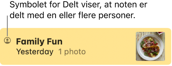 En note, der er blevet delt med andre, med symbolet for Delt til venstre for notens navn.