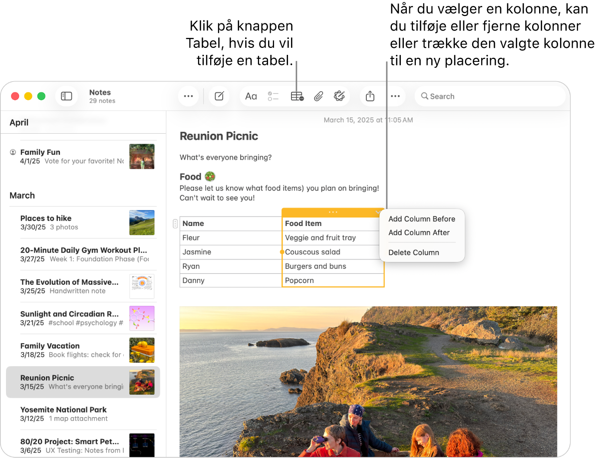 Vinduet Noter med knappen Tabel – klik på den for at tilføje en tabel. I noteindholdet er en tabelkolonne valgt, så du enten kan trække den til en ny placering eller tilføje eller fjerne kolonner.