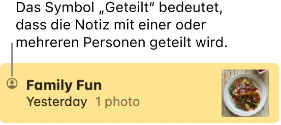 Eine Notiz, die mit anderen Personen geteilt wurde, mit dem Freigabe-Symbol links neben dem Namen der Notiz.