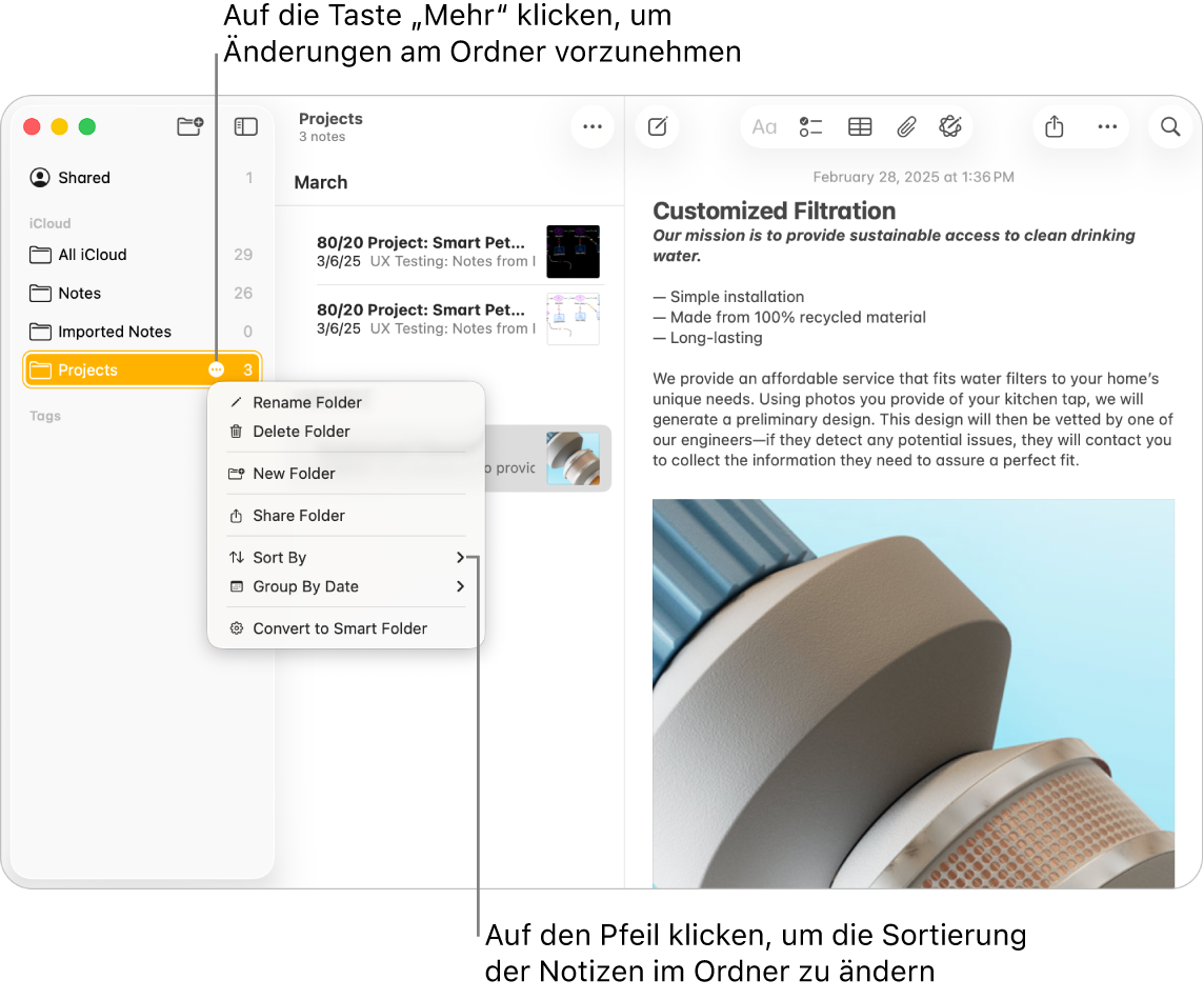 Ein Fenster der App „Notizen“ auf dem Mac mit einem Ordner in der Seitenleiste und der Taste „Mehr“, über die du Änderungen an einem Ordner vornehmen kannst. Ein Einblendmenü mit einer Liste von Optionen ist geöffnet, einschließlich der Option „Sortieren nach“, mit der die Reihenfolge der Notizen geändert werden kann. Klicke auf den Pfeil, um eine andere Sortierfolge auszuwählen.