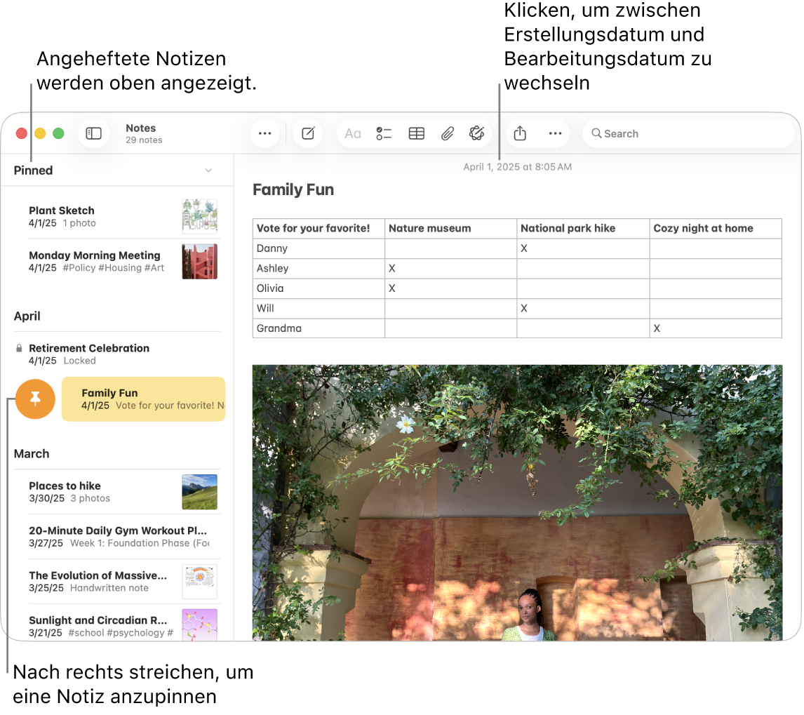 Ein Fenster der App „Notizen“ auf dem Mac mit der Liste der Notizen auf der linken Seite, angehefteten Notizen oben in der Liste und der Stecknadel-Taste auf einer Notiz. Der Inhalt der Notiz wird rechts mit dem Datum oben angezeigt. Durch Klicken auf das Datum kann zwischen Erstellungs- und Bearbeitungsdatum gewechselt werden.