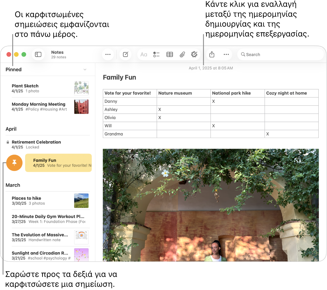 Ένα παράθυρο της εφαρμογής «Σημειώσεις» στο Mac με τη λίστα των σημειώσεων στα αριστερά, τις καρφιτσωμένες σημειώσεις στο πάνω μέρος της λίστας σημειώσεων και το κουμπί «Πινέζα» σε μία σημείωση. Το περιεχόμενο της συγκεκριμένης σημείωσης στα δεξιά με την ημερομηνία στο πάνω μέρος. Κάντε κλικ στην ημερομηνία για εναλλαγή μεταξύ της ημερομηνίας δημιουργίας και της ημερομηνίας επεξεργασίας.