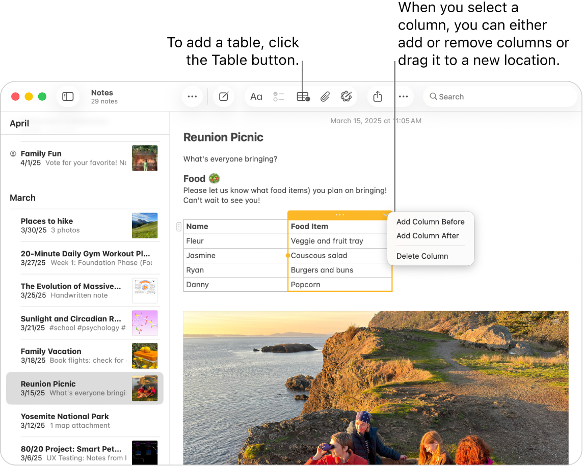 The Notes window showing the Table button — click it to add a table. Within the note content, a table column is selected so you can either add or remove columns or drag it to a new location.