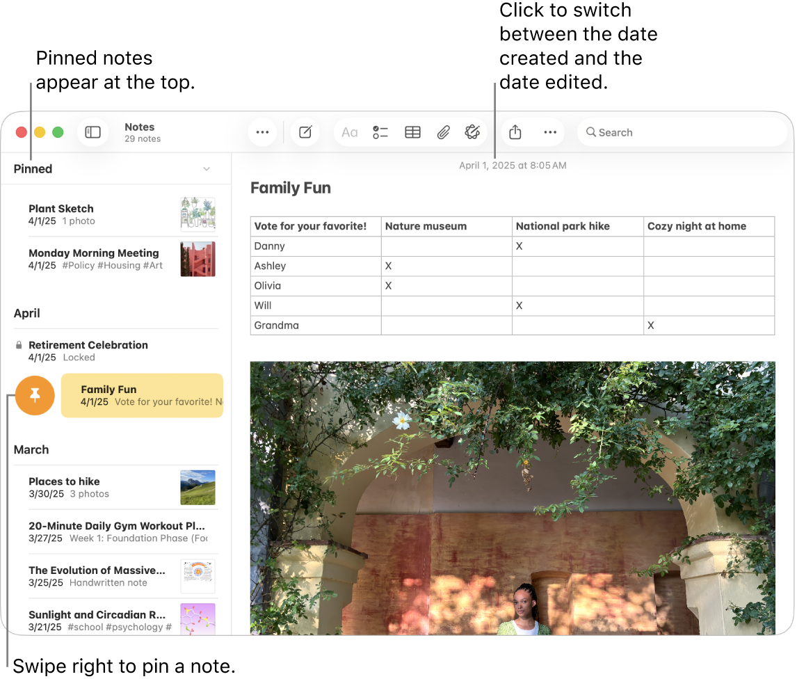 A Notes app window on Mac with the list of notes at the left, pinned notes at the top of the notes list and the Pin button on one note. The content of that note appears on the right with the date at the top; click the date to switch between the date created and the date edited.