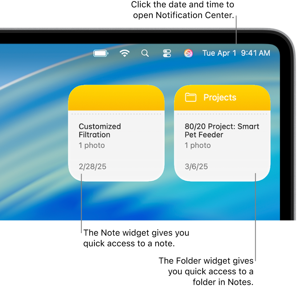 Two Notes widgets—the Folder widget shows a folder in Notes, and the Note widget shows a note. Click the date and time in the menu bar to open Notification Center.