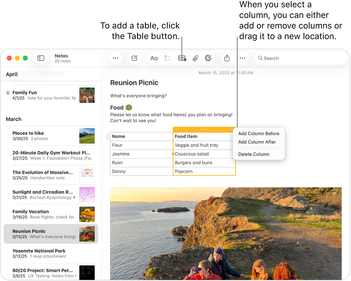 The Notes window showing the Table button—click it to add a table. Within the note content, a table column is selected so you can either add or remove columns or drag it to a new location.