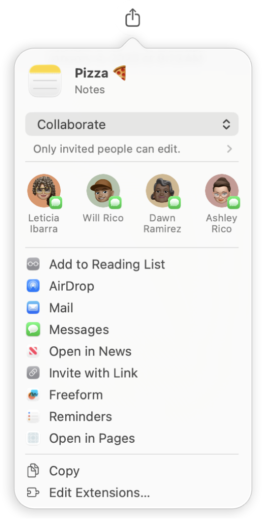 The Share Note dialog, where you can choose how to send the invitation to share a note.