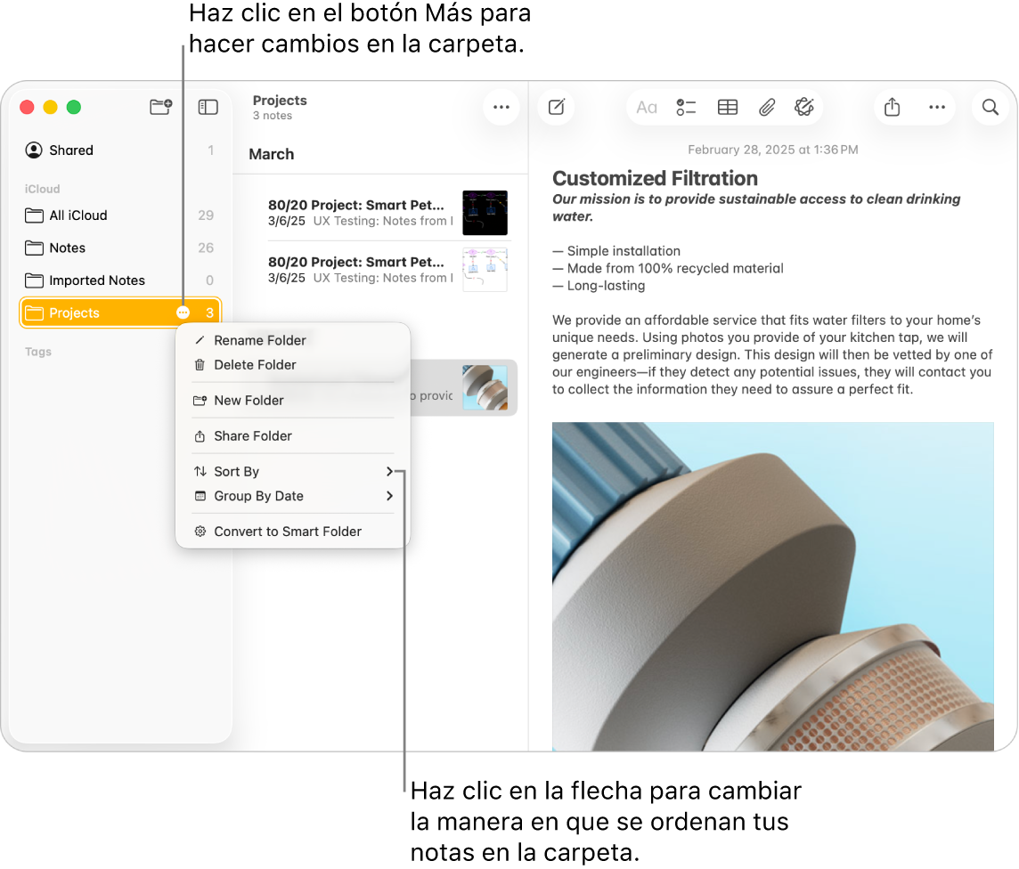 Una ventana de la app Notas en una Mac con una carpeta en la barra lateral que muestra el botón Más, el cual permite hacer cambios en una carpeta. Se abrió un menú desplegable con una lista de opciones, incluida Ordenar por, que cambia el orden de las notas. Haz clic en la flecha para seleccionar un orden diferente.