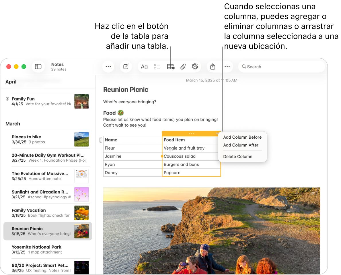 La ventana de Notas mostrando el botón Tabla que sirve para agregar una tabla. Dentro del contenido de la nota, se selecciona una columna de la tabla para poder agregar o eliminar columnas, o arrastrar una columna a otra ubicación.